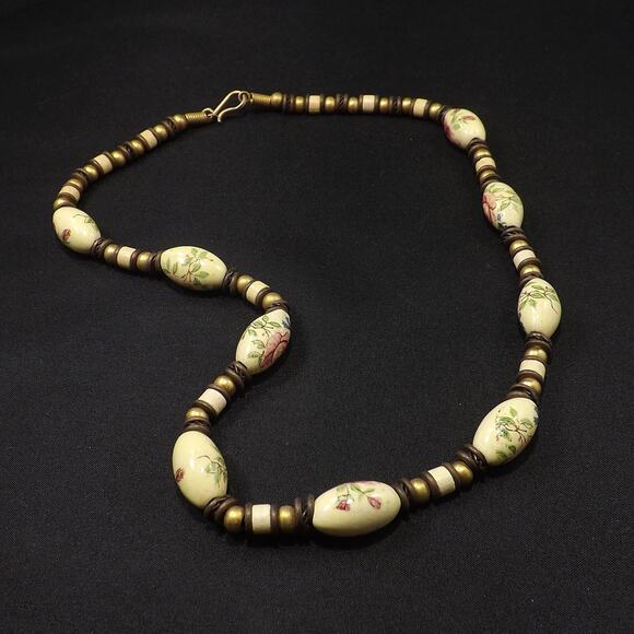 Vintage Porcelain Artisan Necklace, Floral Beads Leather, 1970s Vintage Jewelry - Picture 8 of 10